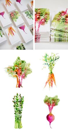 several pictures of vegetables painted with watercolors and then cut into smaller pieces to make them look like they are floating