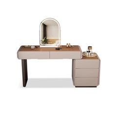 a desk with a mirror and drawers on it