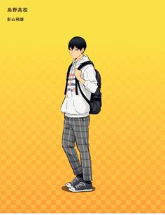 an anime character with a backpack and checkered pants standing in front of a yellow background