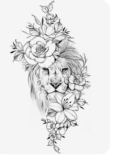 a black and white drawing of a lion with flowers on it's head, surrounded by roses