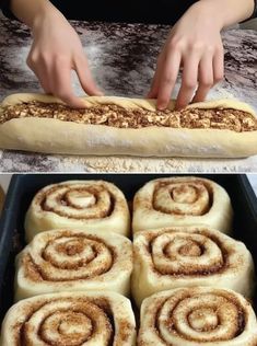 two pictures showing the process of making cinnamon rolls