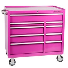 a pink tool cabinet with six drawers