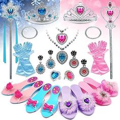 a collection of princess accessories including tiara, gloves and shoes for children to wear