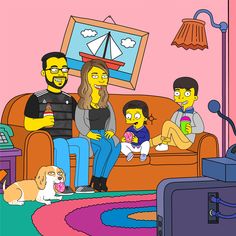 the simpsons family is sitting in their living room with two children and one adult man