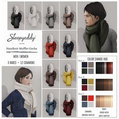 the instructions for how to wear a scarf and scarves are shown in different colors