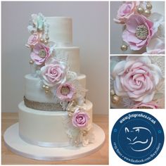 the wedding cake is decorated with flowers and pearls