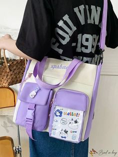 Bird in Bag - Nylon Casual Shoulder Bag with Pocket, Stylish Body School Bag for Students Large Capacity Purple Nylon Bag, Purple Nylon Shoulder Bag For School, Bird In Bag, Nylon Bag, Bag Bag, School Bag, Color Purple, Bucket Bag, Size Medium