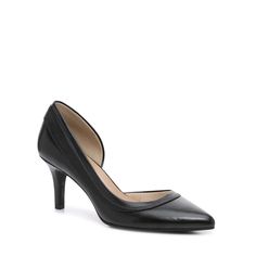 Flaunt your sophisticated style with these women's Kelly & Katie Shenna black mid heel dress pumps. Sporting a pointed toe, these partial d'Orsay pumps come with synthetic upper, slip-on fit, mesh & synthetic lining, padded footbed for comfort, covered heel, and durable synthetic sole. | Kelly & Katie Women's Shenna D'orsay Pump in Black Size 5 Medium Elegant Synthetic Heels, Medium Width, Elegant Synthetic Heels, Elegant Medium Width Synthetic Heels, Sleek Kitten Heels With 4-inch Heel For Spring, Elegant Pointed Toe Synthetic Heels, Fitted Kitten Heels For Spring Workwear, Spring Synthetic Kitten Heels For Formal Occasions, Spring Formal Synthetic Kitten Heels, Elegant Medium Width Synthetic Court Shoes