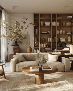 a living room filled with furniture and bookshelves next to a large glass window