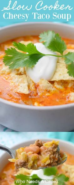 two pictures showing different types of soup in white bowls