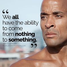 a bald man with no shirt on is looking at the camera and has a quote from david goggins