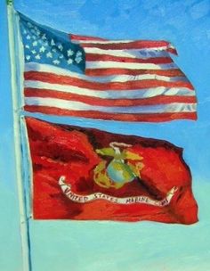 an oil painting of two flags flying in the wind and one has a marine seal on it