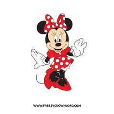 minnie mouse with red and white polka dots on it's head, flying through the air