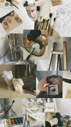 a collage of different pictures with various items in them including paint, brushes and paper