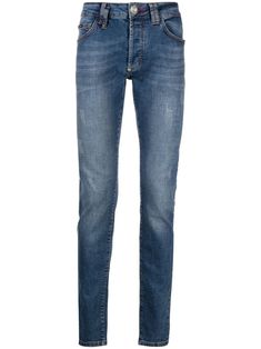 blue stretch-cotton logo plaque belt loops front button and zip fastening classic five pockets slim cut full-length Designer Blue Jeans With Five Pockets, Designer Straight Leg Denim Blue Jeans, Designer Straight Leg Blue Jeans, Designer Blue Straight Leg Jeans, Straight Cut Jeans, Philipp Plein, Cotton Logo, Cut Jeans, Straight Cut