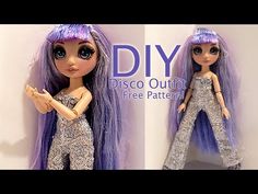 two pictures of a doll with long purple hair and blue eyes, wearing disco outfits