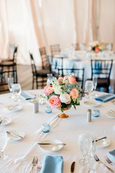 Image of a pastel wedding centerpiece featuring pink peonies, blue hydranegas and a mix of other pastel flowers, in a rose gold compote. Wedding Table Settings Blue, Blue Wedding Centerpieces