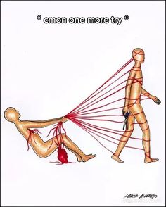 a drawing of a man pulling a woman's body with strings attached to it