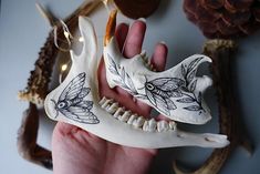 a hand holding an animal skull with flowers on it's head and another skeleton in the background