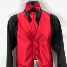 Men's 4 Piece Tuxedo Formal Vest, Tie, Bow Tie & Hanky Set Red With Black Back Striped Pattern By Bruno Piattelli Roma 100% Microfiber Shirt Sold Separately Size 2xl Shirt Sold Separately Made In China Emerald Quince Dama Dress, 15 Chambelanes Suits Red, Red Chambelan Suits, Chambelan Suits Red, Quince Chambelanes Outfits Red And Black, Main Chambelan Outfits Red, Red Chambelanes Outfits, Chambelanes Outfits Quinceanera Red, Black And Red Tuxedo