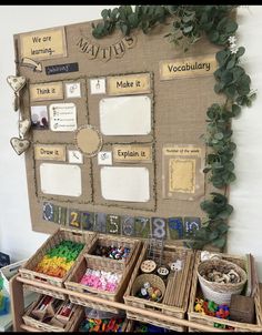 a bulletin board with pictures and words on it next to baskets filled with beads, toys and other items