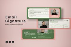 three green and pink business cards with the words email signature written on them, along with an image of a woman's profile