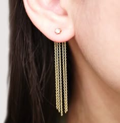 Elegant and original, I love those!  Gold Long Chain Ear Jacket Earrings, Two Side Earrings, Ear Jackets Side Earrings, Gold Long Chain, Trending Earrings, Jacket Earrings, Ear Jacket Earring, Chain For Men, Earring Jackets, Gold Chains For Men, Ear Jacket