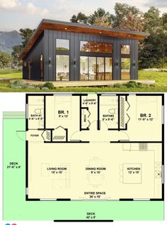 the floor plan for a small cabin with two bedroom and living areas on each side