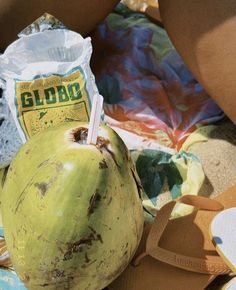 a green apple sitting on top of a blanket next to a pair of flip flops