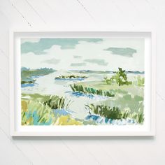 a painting on the wall with grass and water