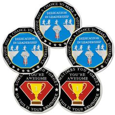 four coin badges with the words dedication to be leader and an image of a trophy