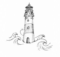 a drawing of a lighthouse with waves coming up from it's top and bottom