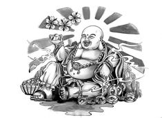 a black and white drawing of a buddha sitting on the ground with flowers in his hair