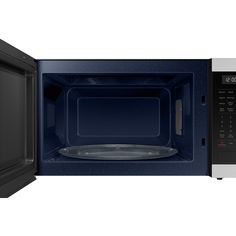 a black microwave oven with the door open