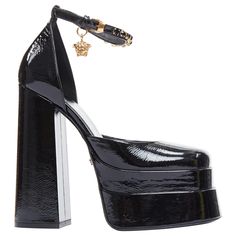 VERSACE Runway Aevitas 155 black patent gold crystal Medusa platform EU38.5 Reference: TGAS/E00122 Brand: Versace Designer: Donatella Versace Model: 1002005 1A05256 1B00V Collection: Aevitas - Runway Material: Patent Leather Color: Black, Gold Pattern: Solid Closure: Ankle Strap Lining: Black Leather Extra Details: The extremely iconic Versace Aevitas pump in shiney black patent calfskin leather. Celebrity favorite straight from the runway- wear these classics forever. These patent leather pumps Italian Boots, Versace Runway, Versace Designer, Versace Shoes, Vintage Versace, Gogo Boots, Donatella Versace, Italian Shoes, Patent Leather Pumps