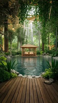 a gazebo sitting on top of a wooden platform next to a pool surrounded by trees