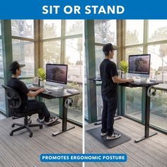 two images of a man sitting at a computer desk with the same person standing up