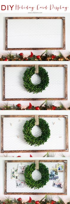 three christmas wreaths hanging on the wall in front of a wooden sign that says diy