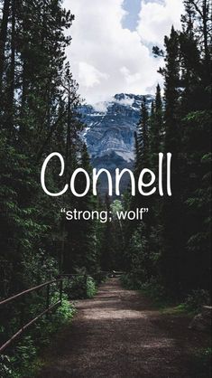 a dirt road surrounded by trees and mountains with the words cornell strong wolf on it