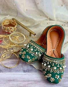 Green Gold Handmade Khussa/jutti / Shoes / Flats / | Etsy Festive Flats With Dori Work, Festive Ankle-length Flats With Dori Work, Bollywood Style Slip-on Flats With Mirror Work, Transitional Festive Flats With Mirror Work, Festive Navratri Flats With Zari Work, Festive Flats With Dori Work For Navratri, Navratri Closed Toe Flats With Mirror Work, Festive Gota Work Closed Toe Flats, Festive Mirror Work Closed Toe Flats