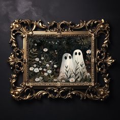 a painting with two white ghost faces in front of flowers and plants on a black wall