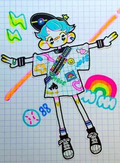 a drawing of a girl with her arms out in front of a rainbow and stars background