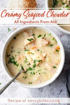 creamy seafood chowder recipe in a white bowl