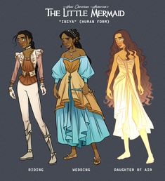 three women in different outfits standing next to each other on a gray background with the title, the little mermaid