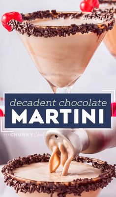 two martini glasses filled with chocolate and topped with whipped cream, cherry garnishments and the words decadent chocolate martini