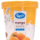 an orange yogurt is in a plastic container on a white background with the words mango