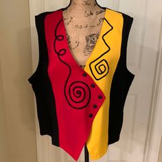 Nwot! Women’s Vintage Style Formal Abstract Vest Very Best In Unique Formal/Classic Vests. Style & Match With Any Blouse, Shirt, Dress Pants, Or Jeans To Create A Causal Or Elegant Look. Embroidered Pattern Front In Black (5) Button Front Color: Red/Yellow/Black Size: 18 62% Acetate 38% Raton Pit To Pit: Approx 25”In Length: 25” In Rare Find! Unique Vest, Wearable Art Clothing, Sewing Crafts Tutorials, Art Clothing, Felt Projects, Style Formal, Diy Sewing Clothes, Boiled Wool, Clothing Inspiration