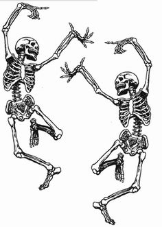 three skeletons dancing with arms in the air