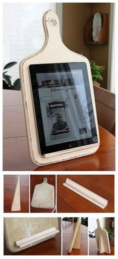 an ipad is sitting on top of a wooden table