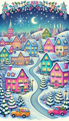 a painting of a snowy town with cars and trees